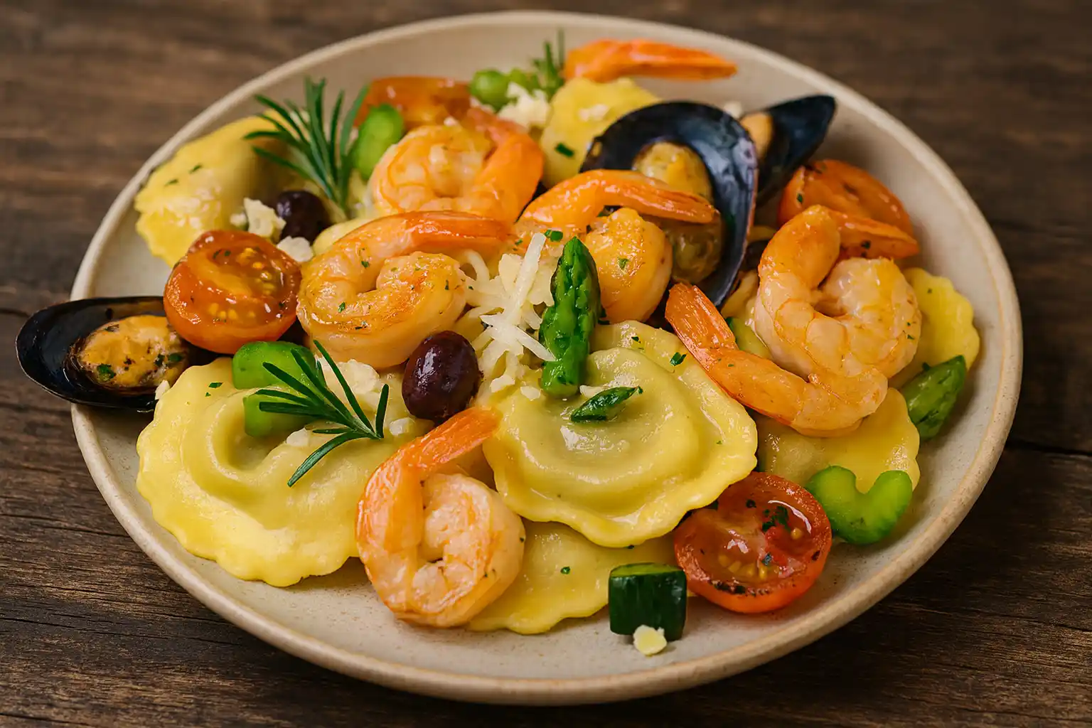 Tortellini con mariscos en Margarita, combinación de camarones y mejillones