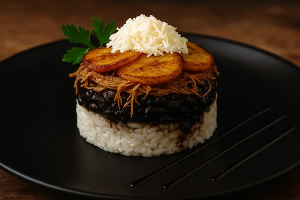 pabellón criollo presentado en estilo moderno como parte de la comida venezolana en La Asunción