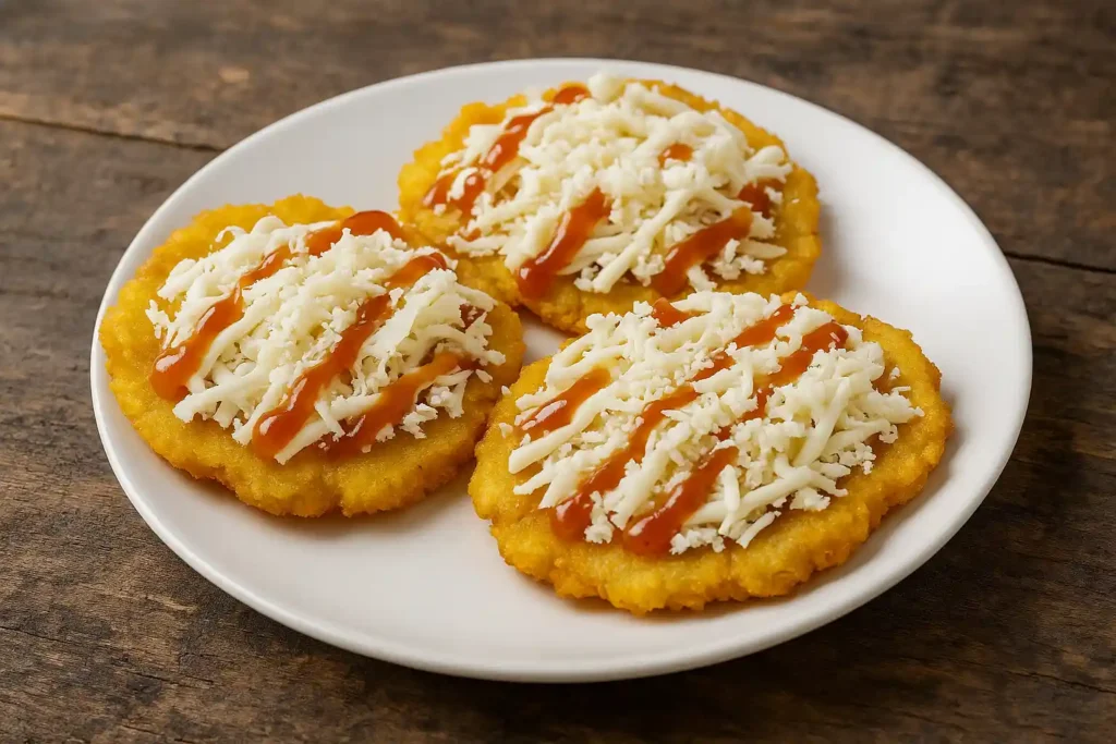 Tostones con queso rallado y salsa servidos en Manzanillo